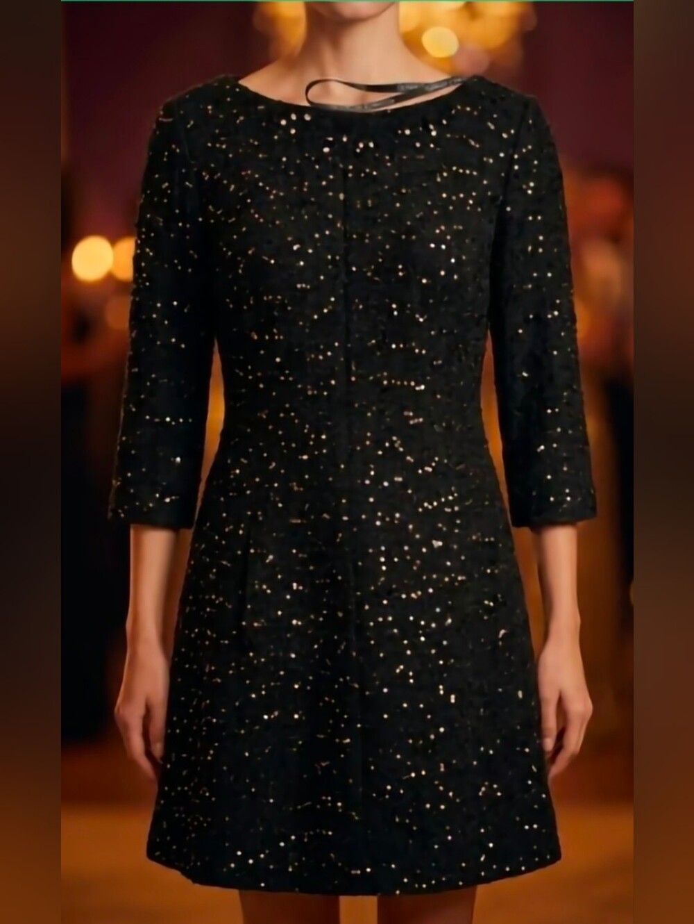 Vince Camuto Black Metallic-Thread Long Sleeve A-Line Dress